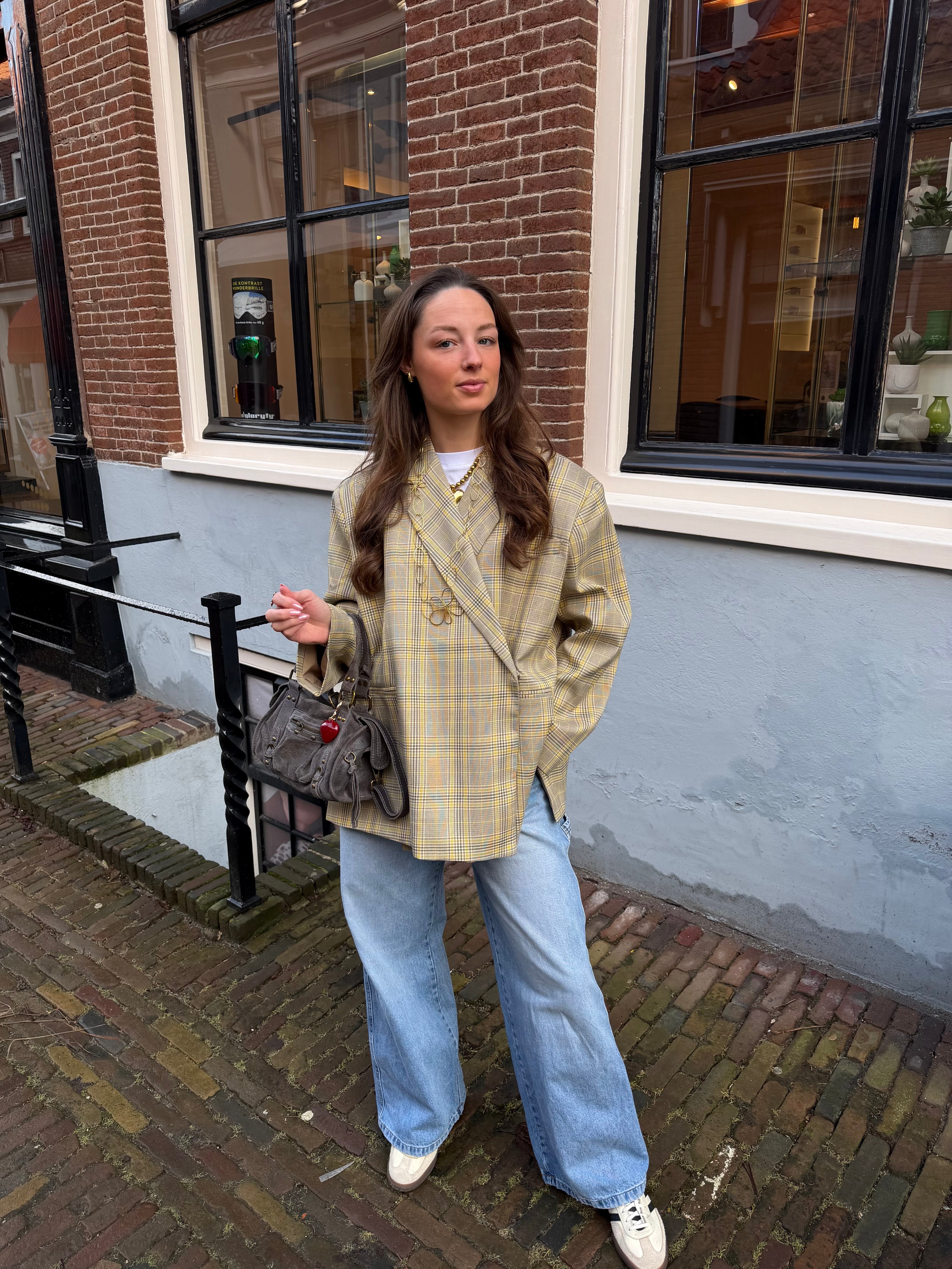 Boxy oversized blazer - geel geruit