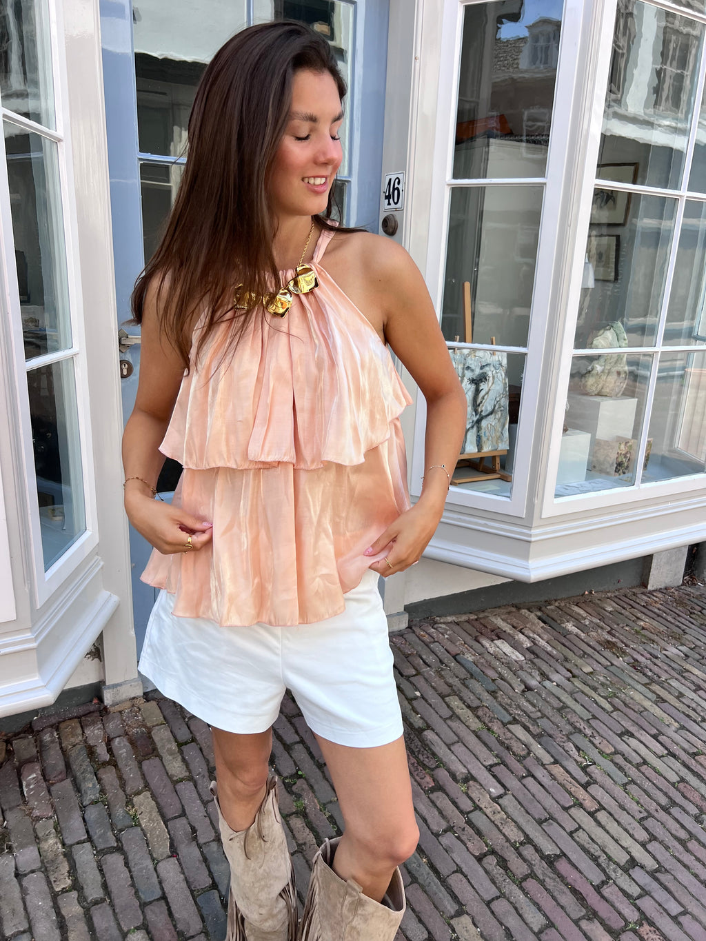 Luna satin ruffle top - zalmroze