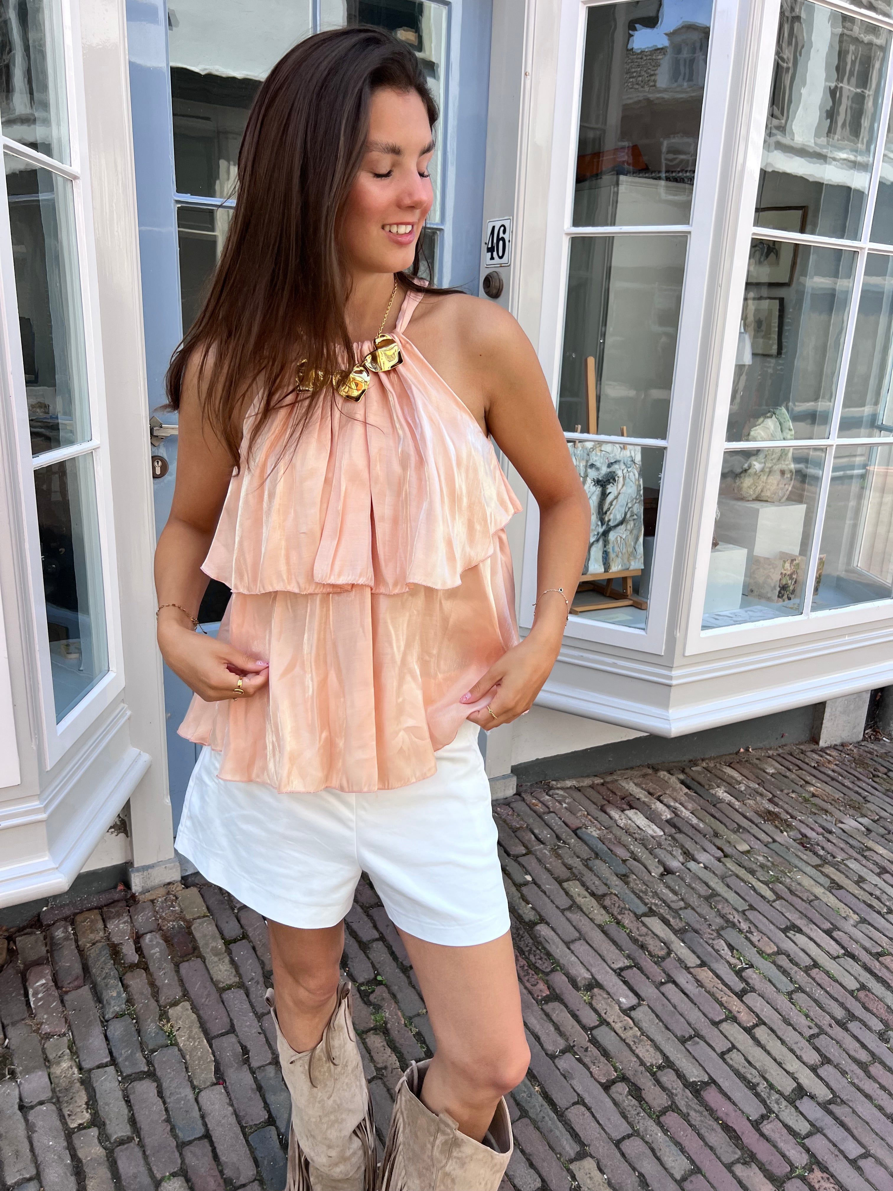 Luna satin ruffle top - zalmroze