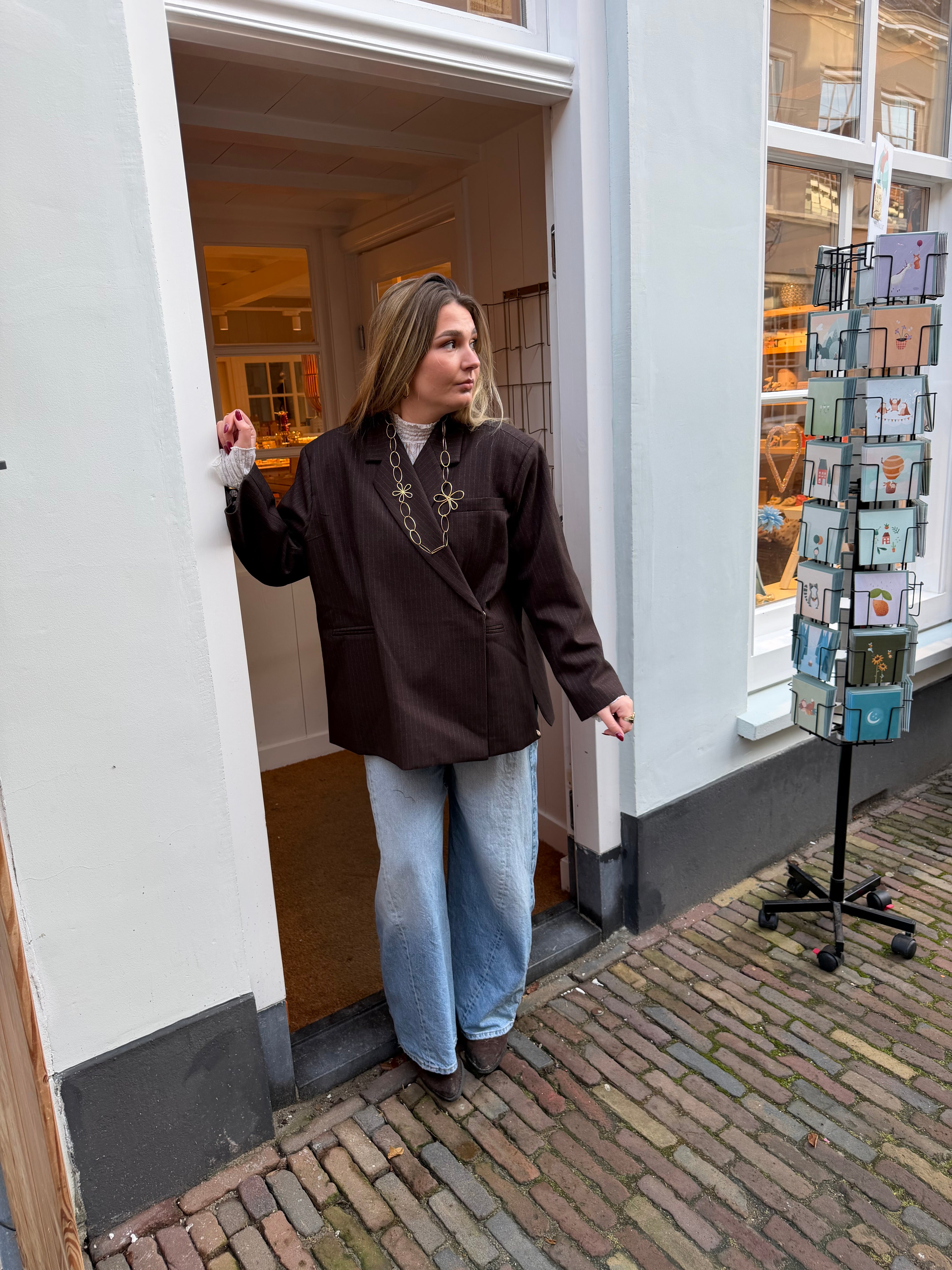 Boxy oversized blazer - bruin krijtstreep