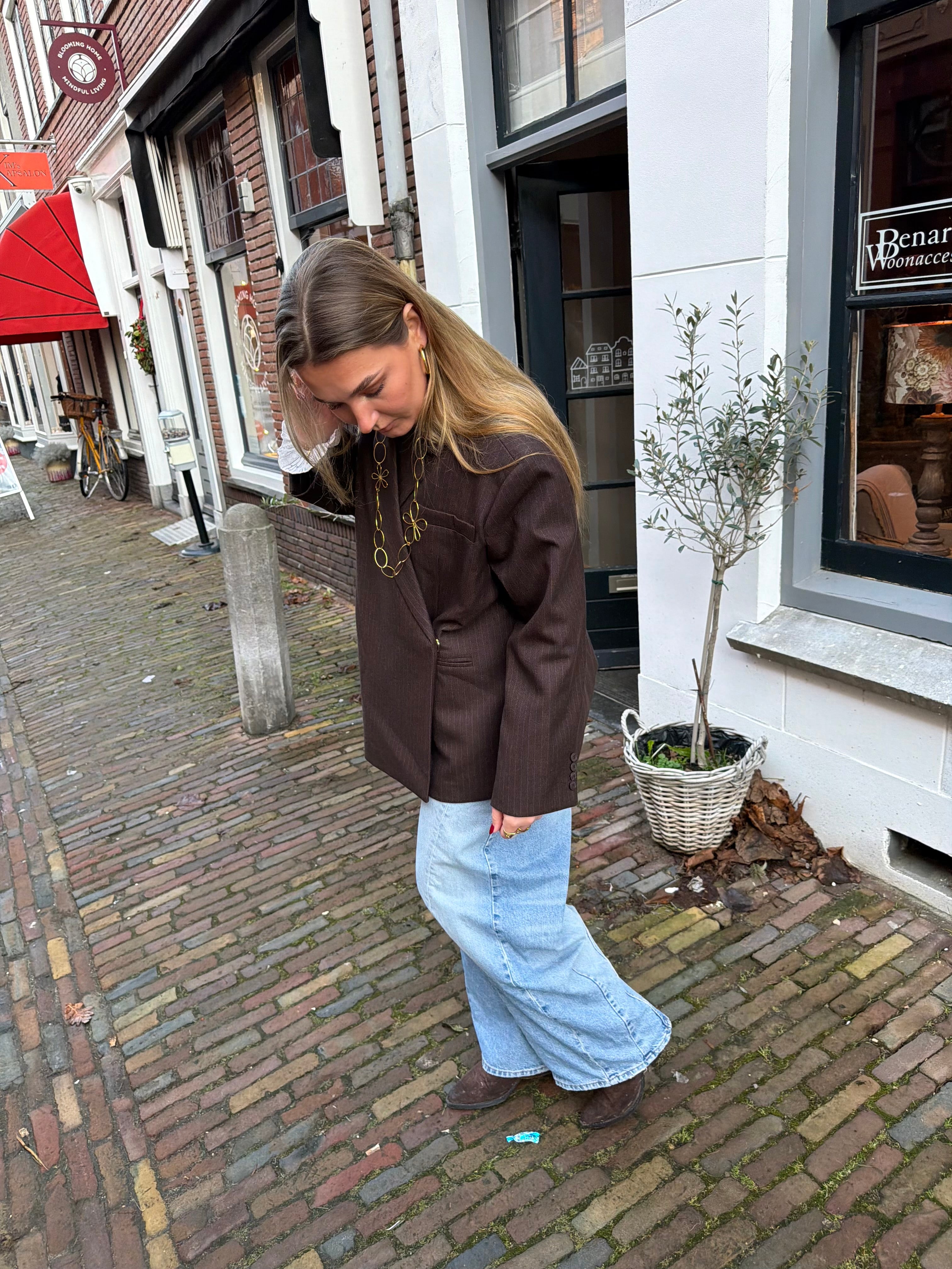 Boxy oversized blazer - bruin krijtstreep
