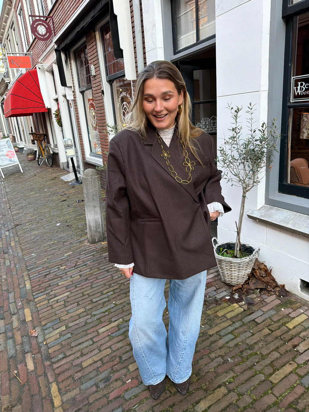 Boxy oversized blazer - bruin krijtstreep