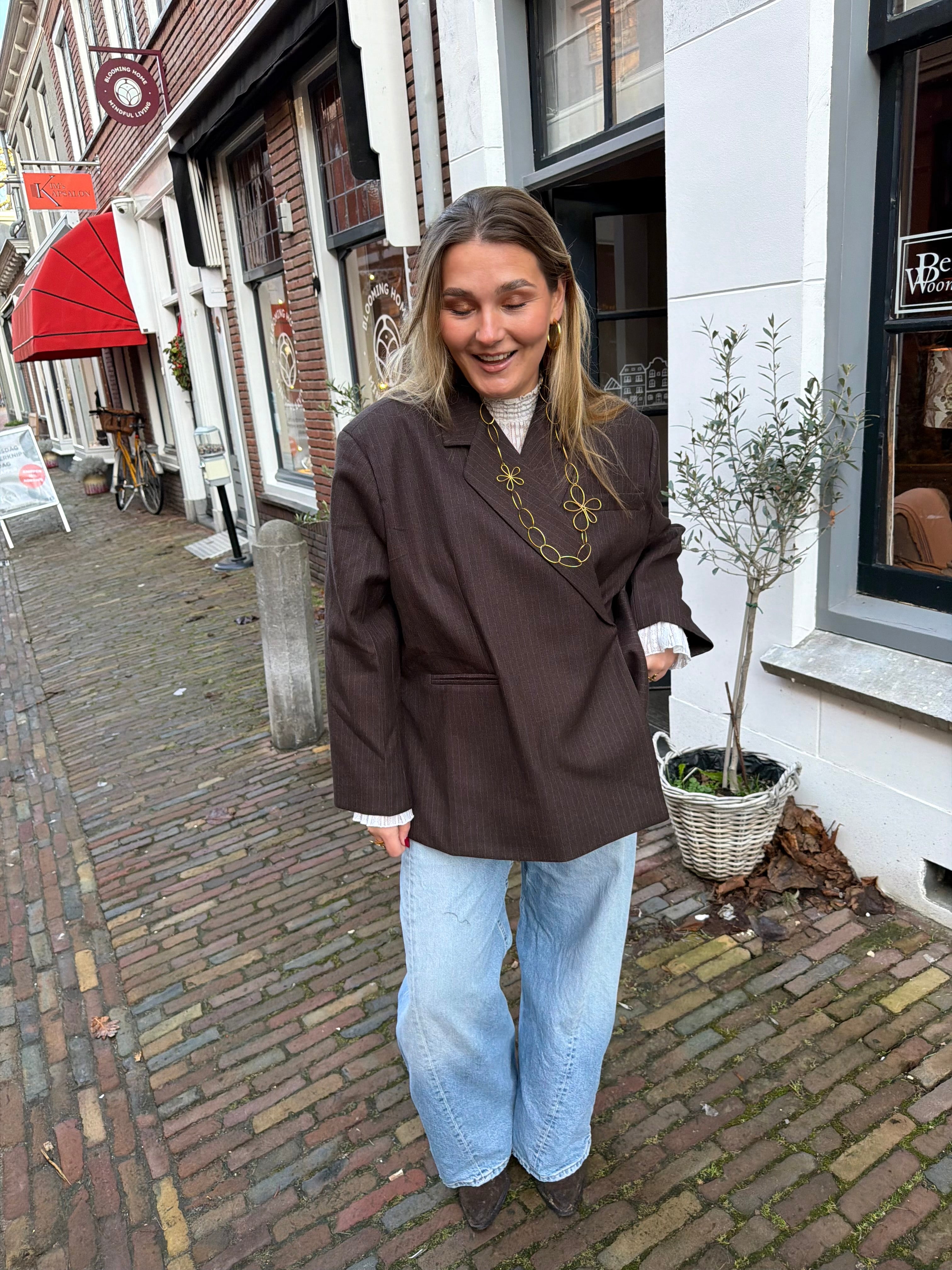 Boxy oversized blazer - bruin krijtstreep