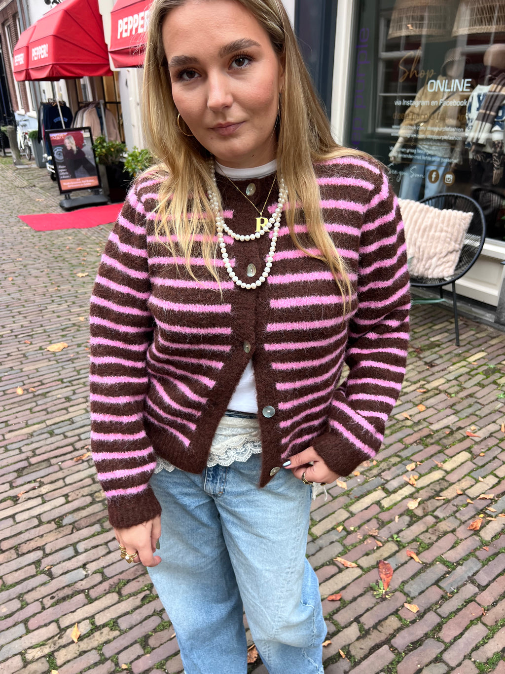 Isabella gebreid vest - bruin/roze