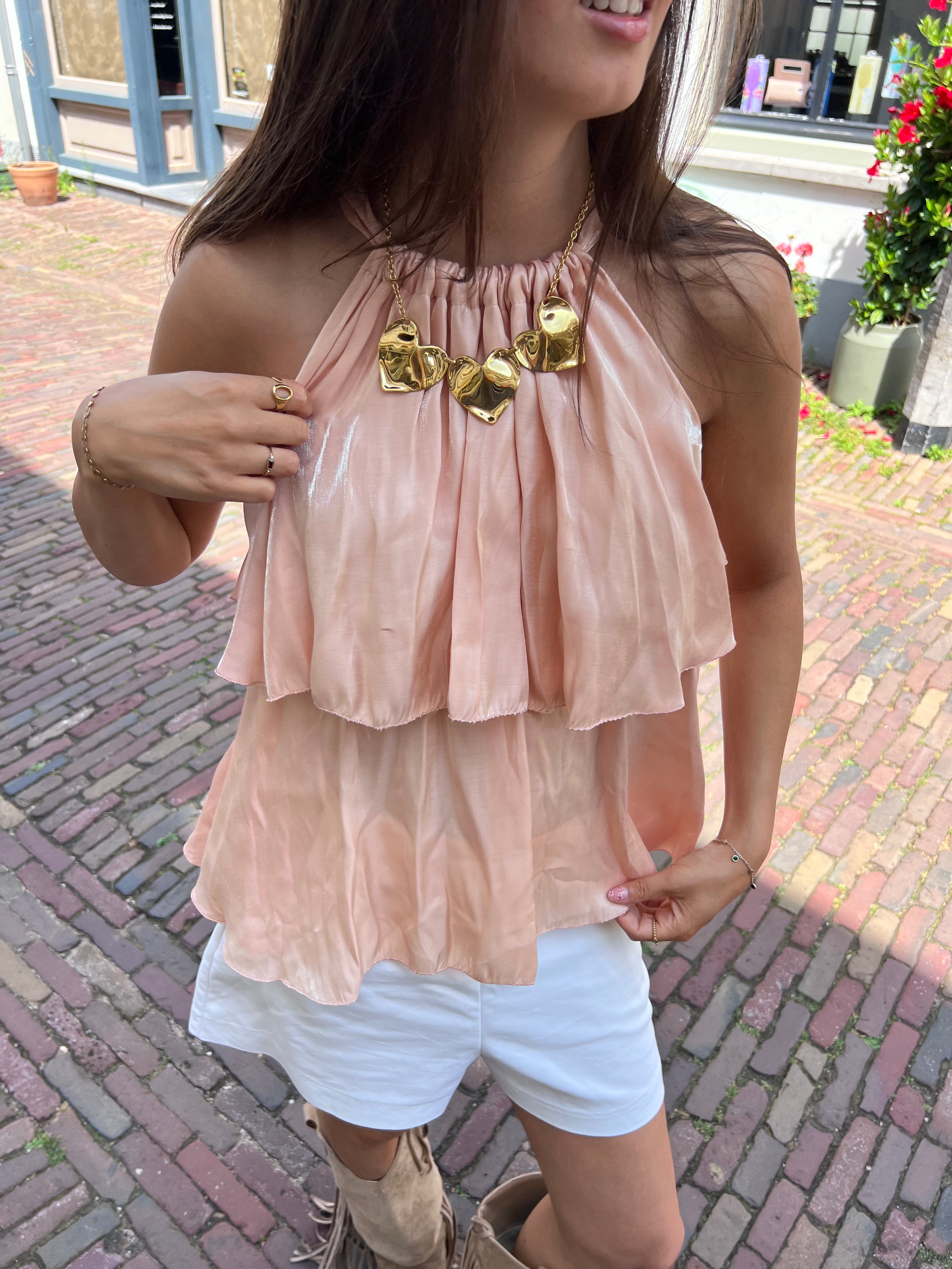 Luna satin ruffle top - zalmroze