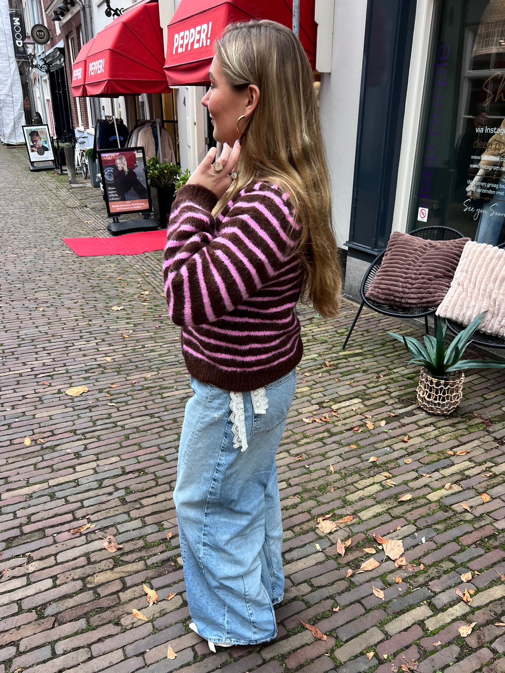 Isabella gebreid vest - bruin/roze