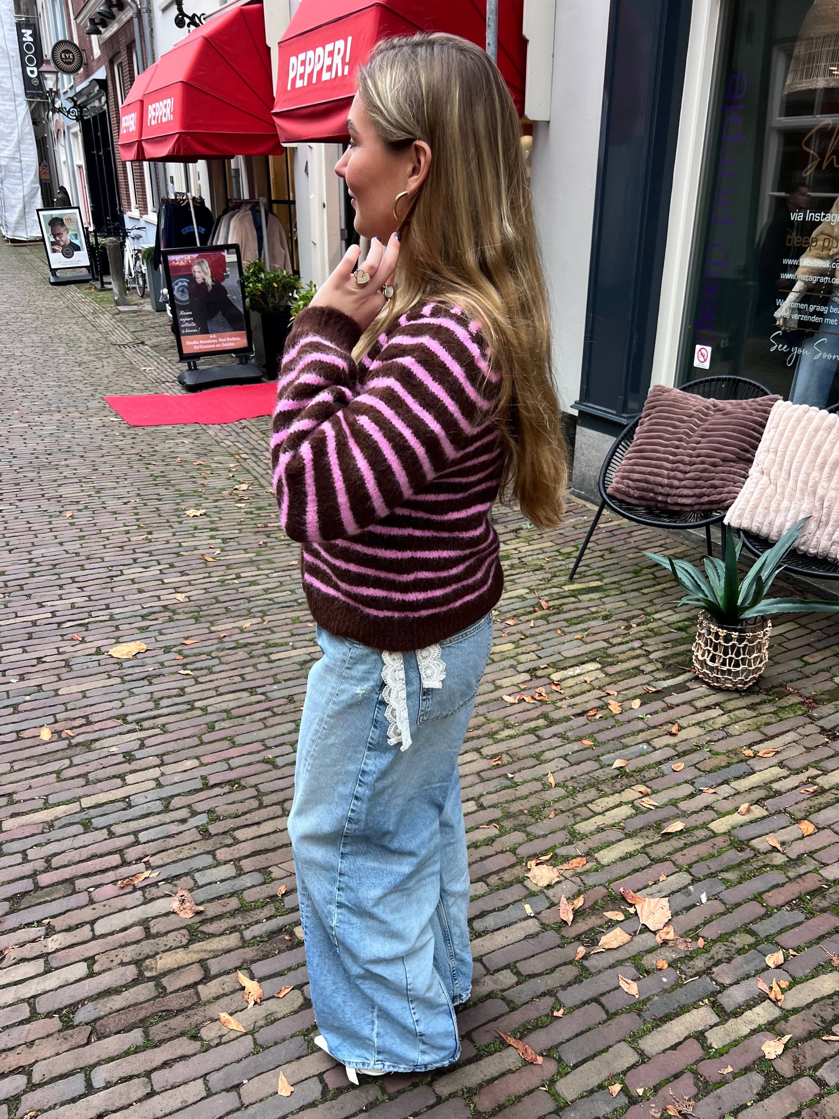 Isabella gebreid vest - bruin/roze