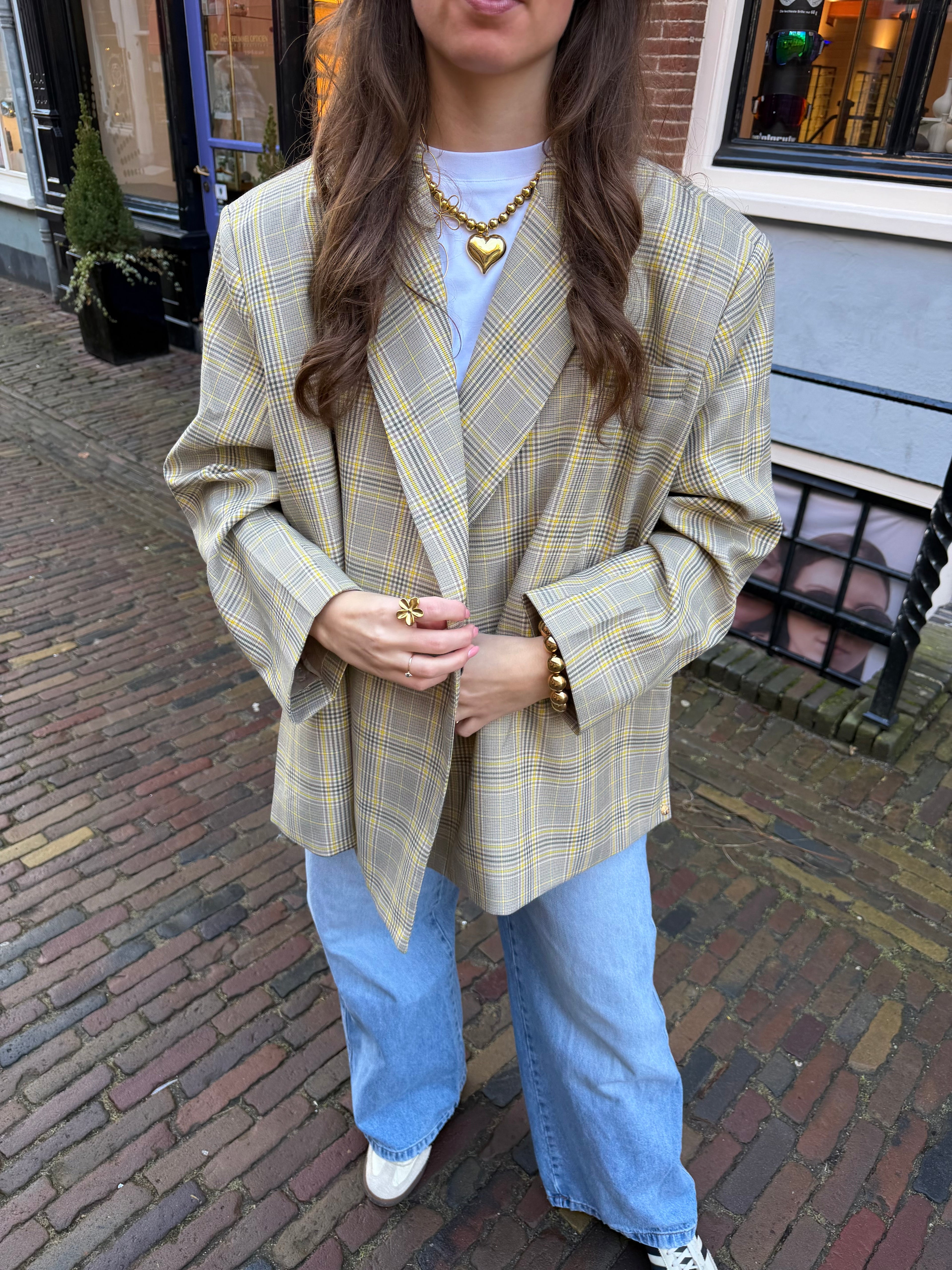 Boxy oversized blazer - geel geruit