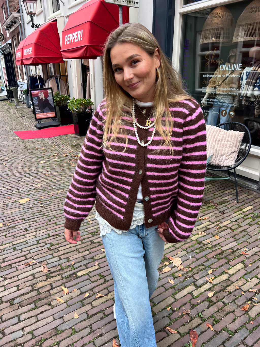 Isabella gebreid vest - bruin/roze