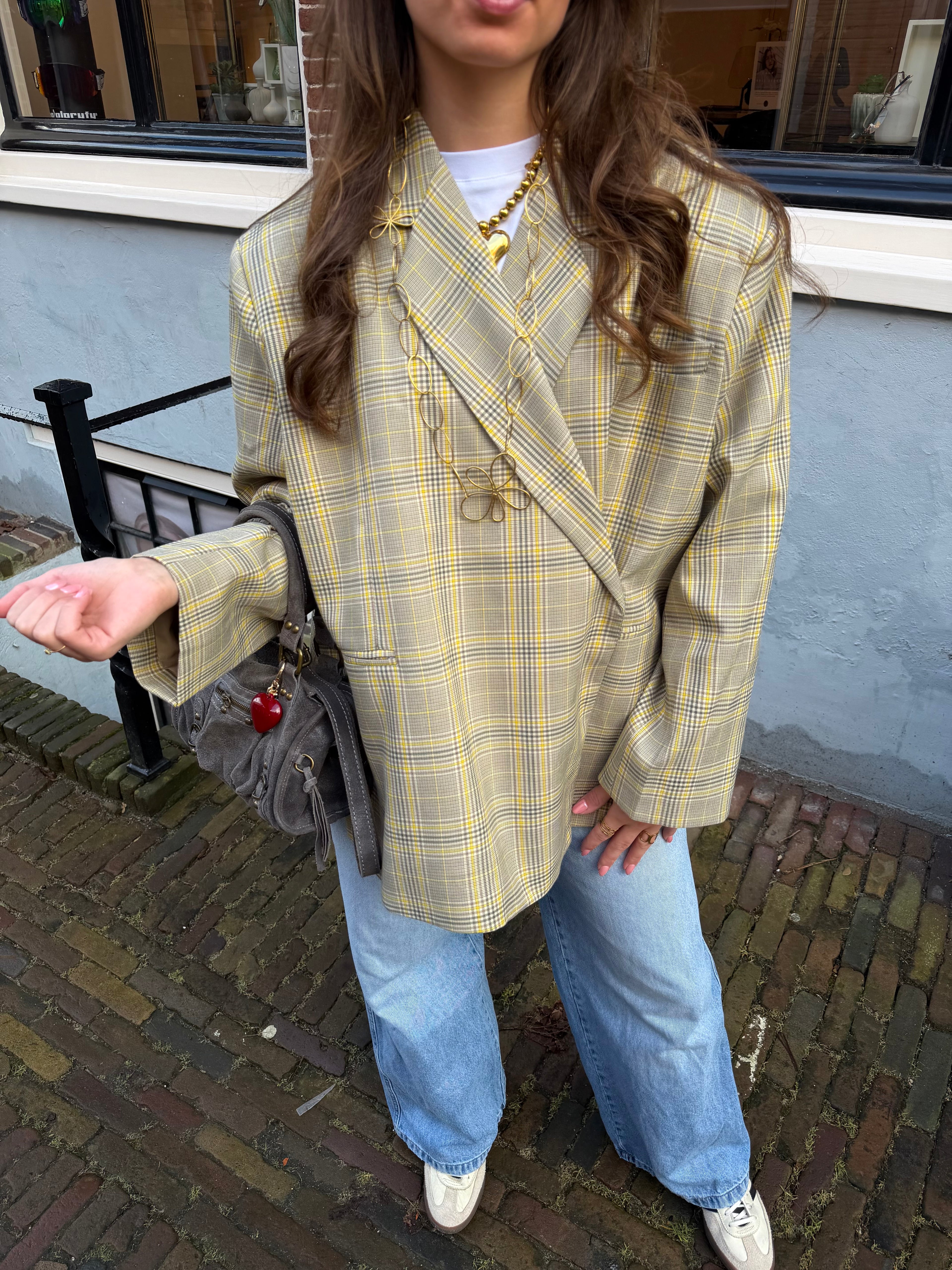 Boxy oversized blazer - geel geruit